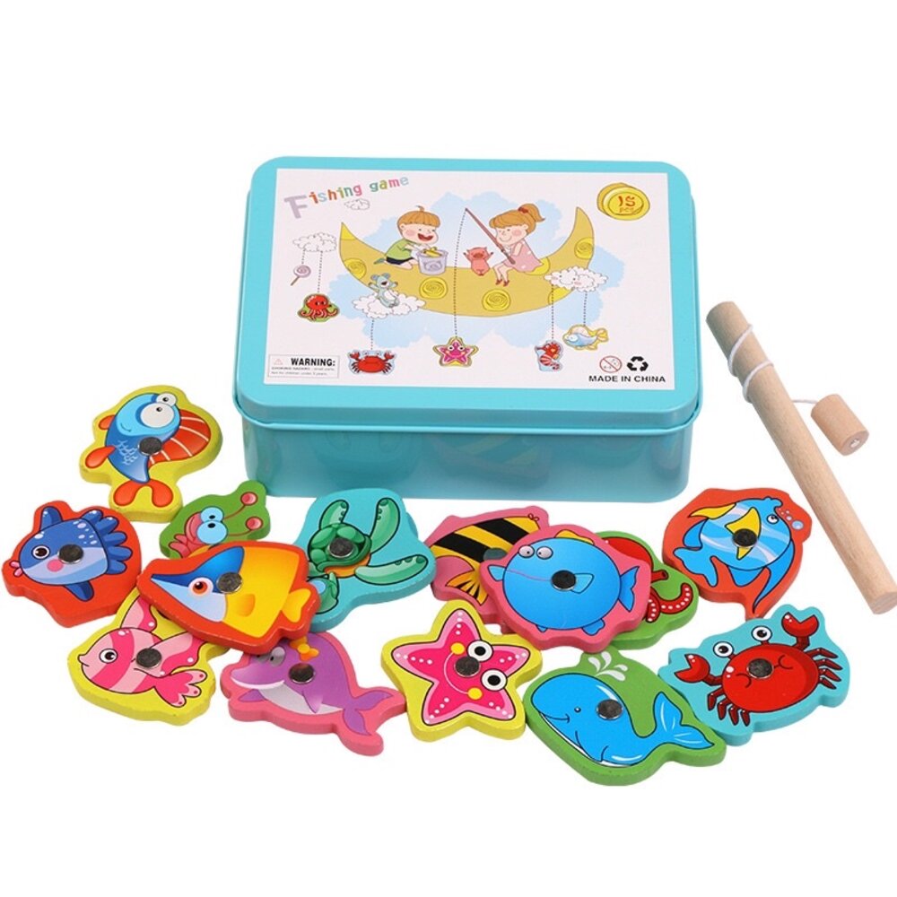 海洋磁吸釣魚玩具 木製釣魚遊戲 鐵盒收納 兒童手眼協調 益智早教玩具-圖片-1