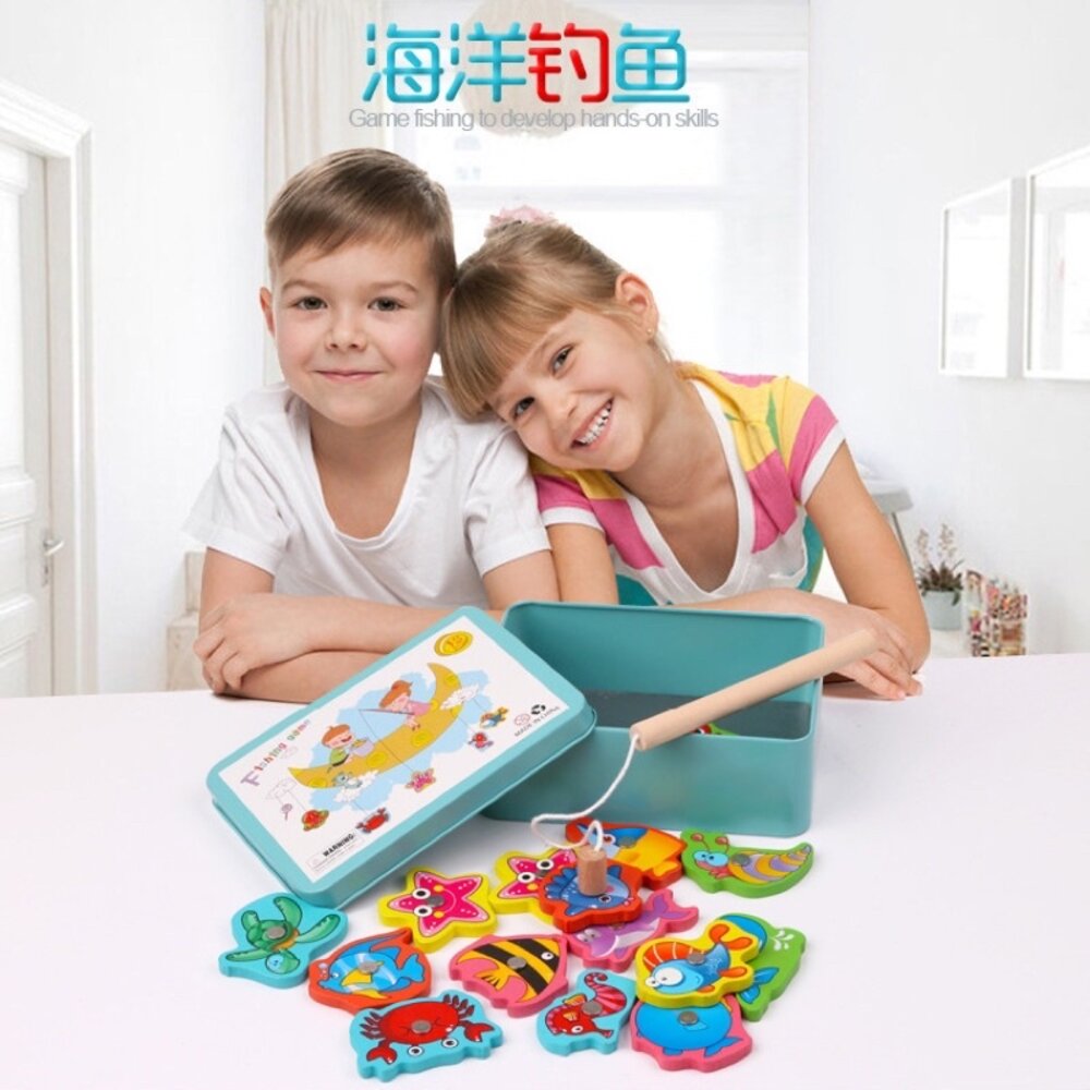 海洋磁吸釣魚玩具 木製釣魚遊戲 鐵盒收納 兒童手眼協調 益智早教玩具-圖片-4