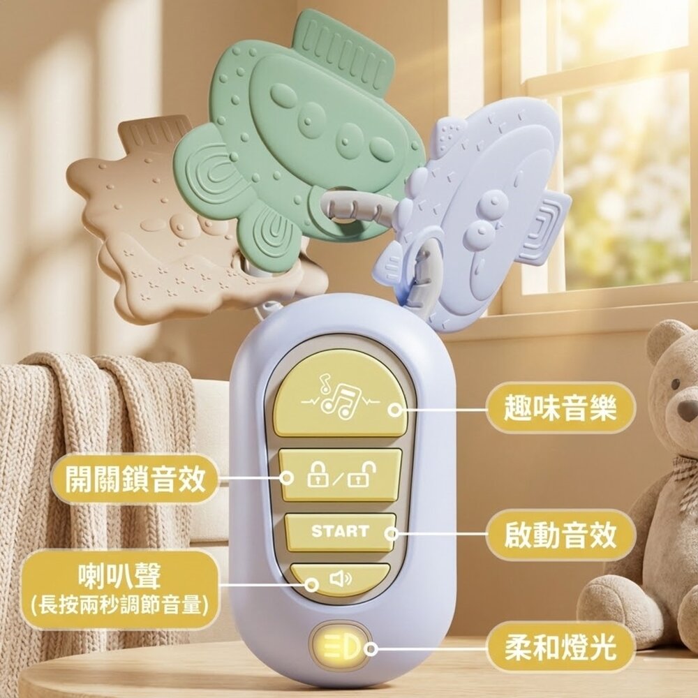 媽媽買 寶寶仿真車鑰匙 音樂玩具 固齒咬片 三音效鍵 汽車啟動 喇叭 解鎖聲 感官玩具 6個月以上-圖片-1