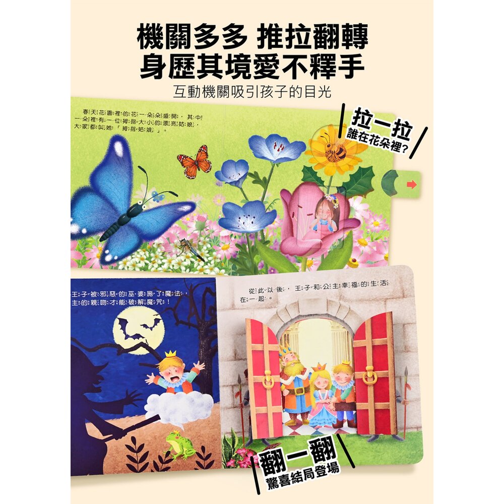 媽媽買 推拉翻轉童話繪本 4 款任選 風車圖書 拇指姑娘 青蛙王子 醜小鴨 布萊梅樂隊 互動機關書 3 歲以上-圖片-4