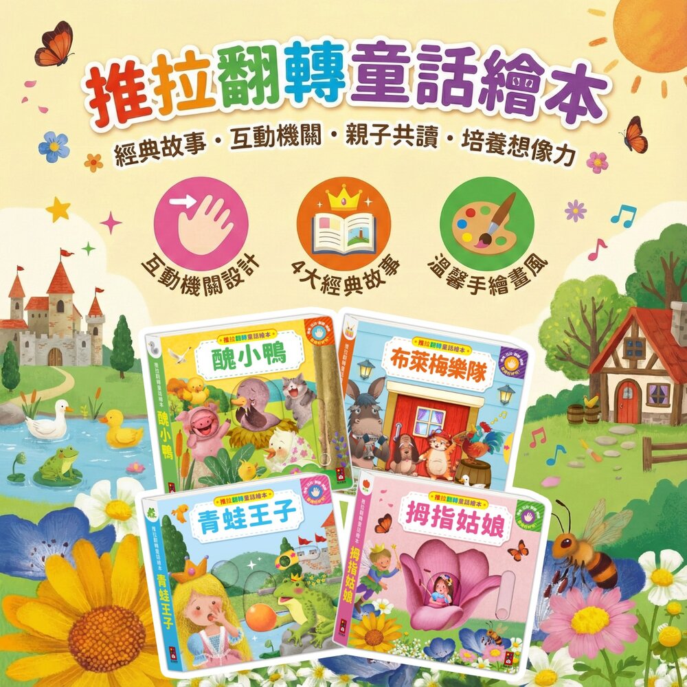  媽媽買 推拉翻轉童話繪本 4 款任選 風車圖書 拇指姑娘 青蛙王子 醜小鴨 布萊梅樂隊 互動機關書 3 歲以上