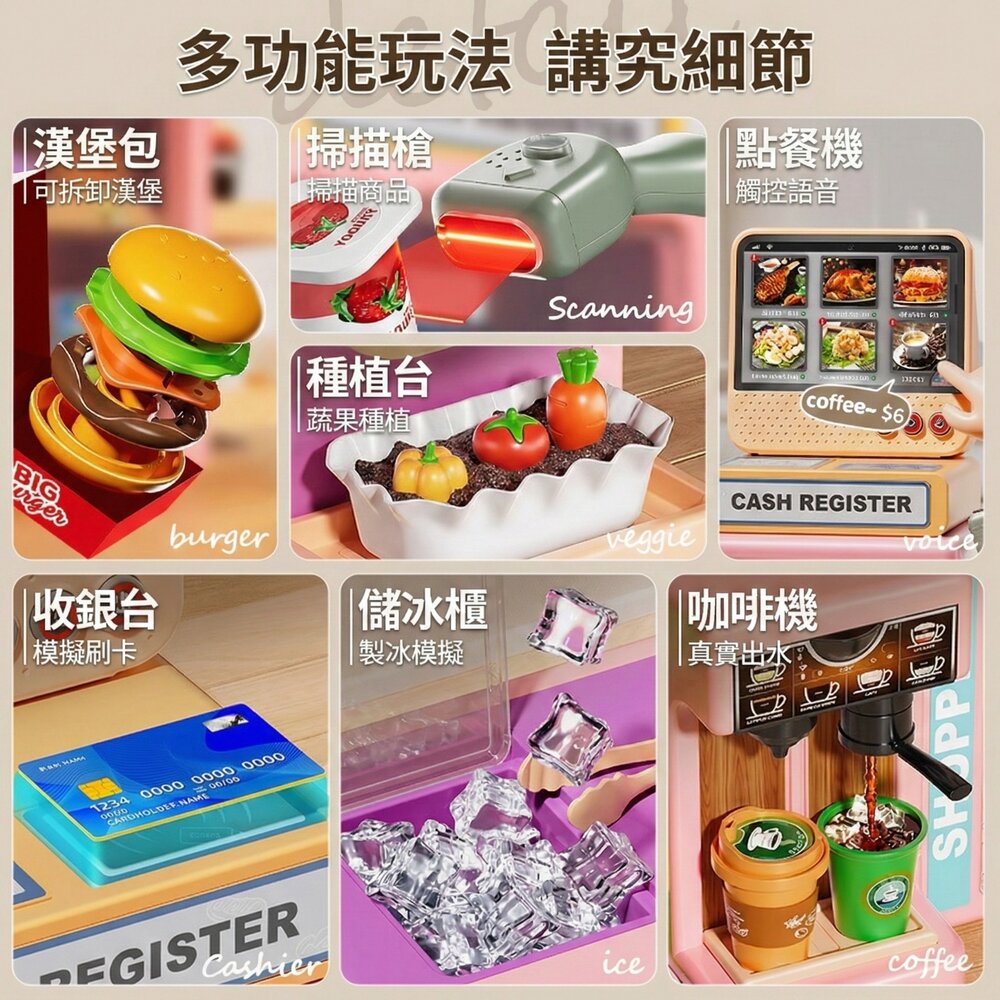 台灣現貨 兒童仿真超市收銀機 咖啡機出水 聲光掃描 點餐觸控 收銀扮家家酒 多配件超市玩具 角色扮演 3歲以上 禮物推薦-圖片-3
