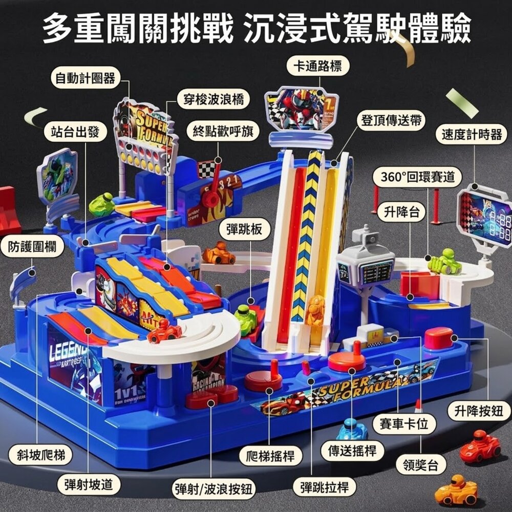 兒童闖關賽車軌道玩具 雙人競速賽車桌遊 手動機關闖關軌道 多重關卡益智玩具 親子互動軌道車 3歲以上-圖片-4