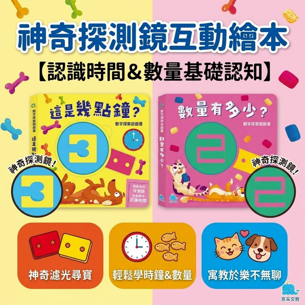 數字探索遊戲書 京采文教 這是幾點鐘 數量有多少 探測鏡找數字 幼兒時間認知 數量學習 互動遊戲書 3歲以上 親子共讀 封面照片