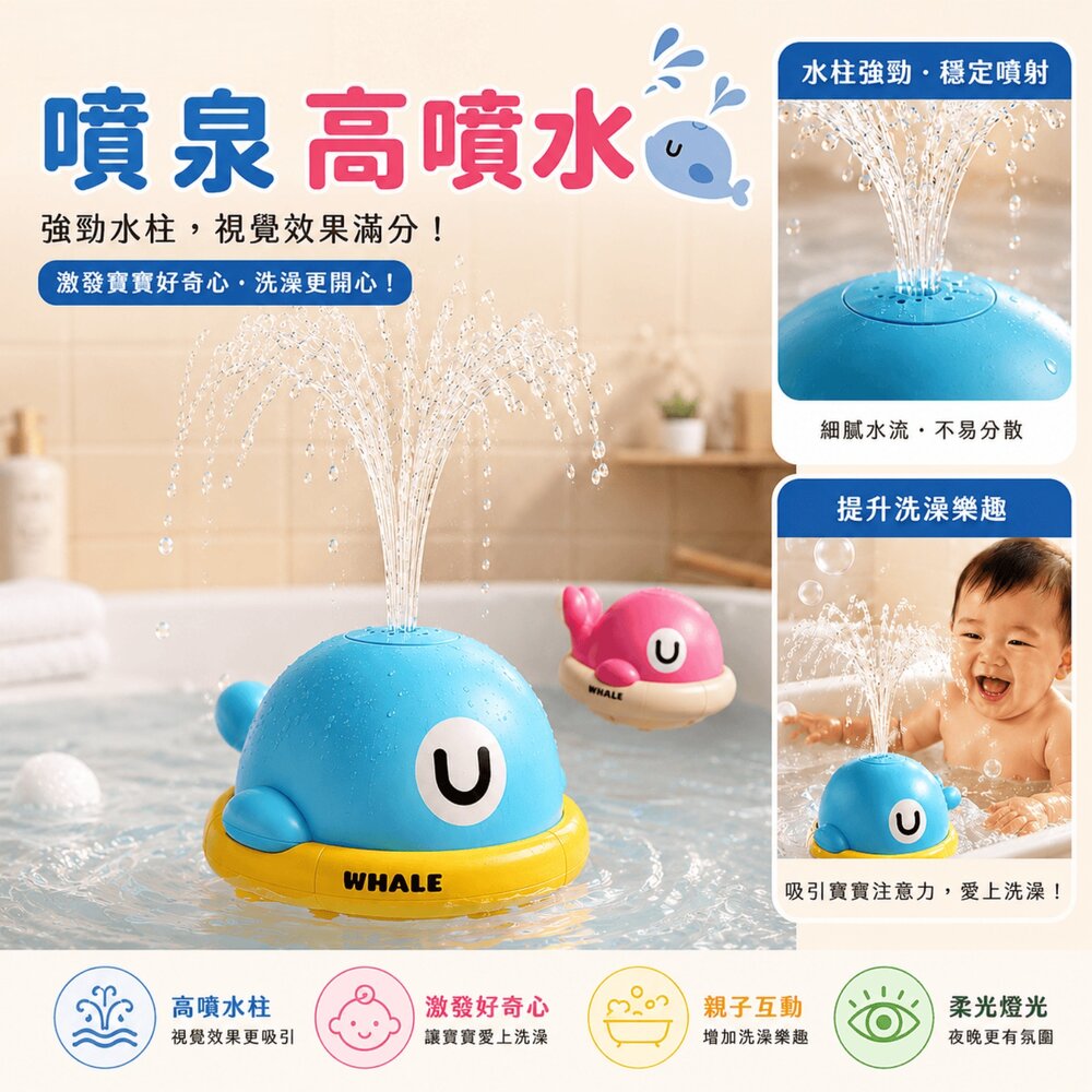 噴水小鯨魚 洗澡玩具 自動感應噴水 USB充電 柔光夜燈 浴室玩具 戲水玩具 兒童洗澡玩具 ABS安全材質 台灣現貨-圖片-2
