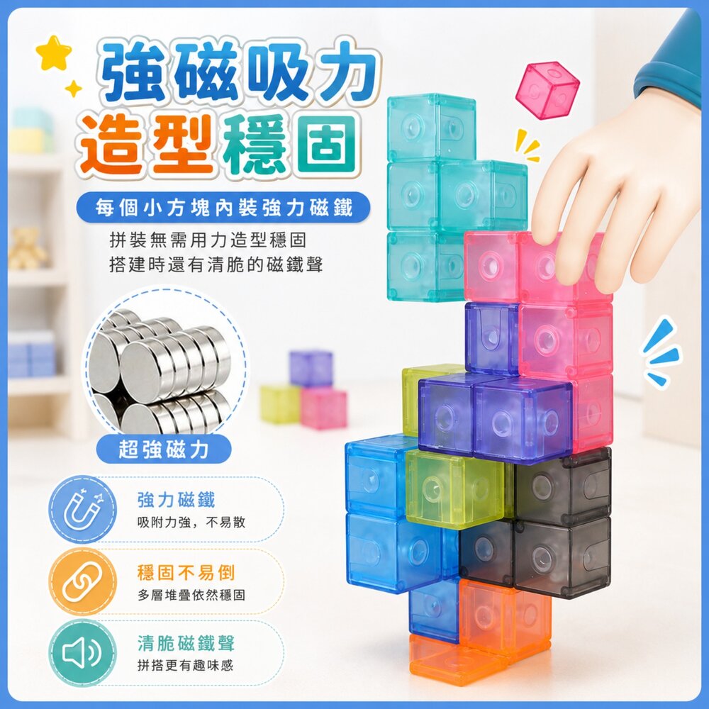 魯班磁力魔方積木 台灣現貨 透明磁吸積木 立體幾何拼圖 磁力方塊 益智教具 空間思維玩具 創意拼搭玩具 幼兒積木 3歲以-圖片-2
