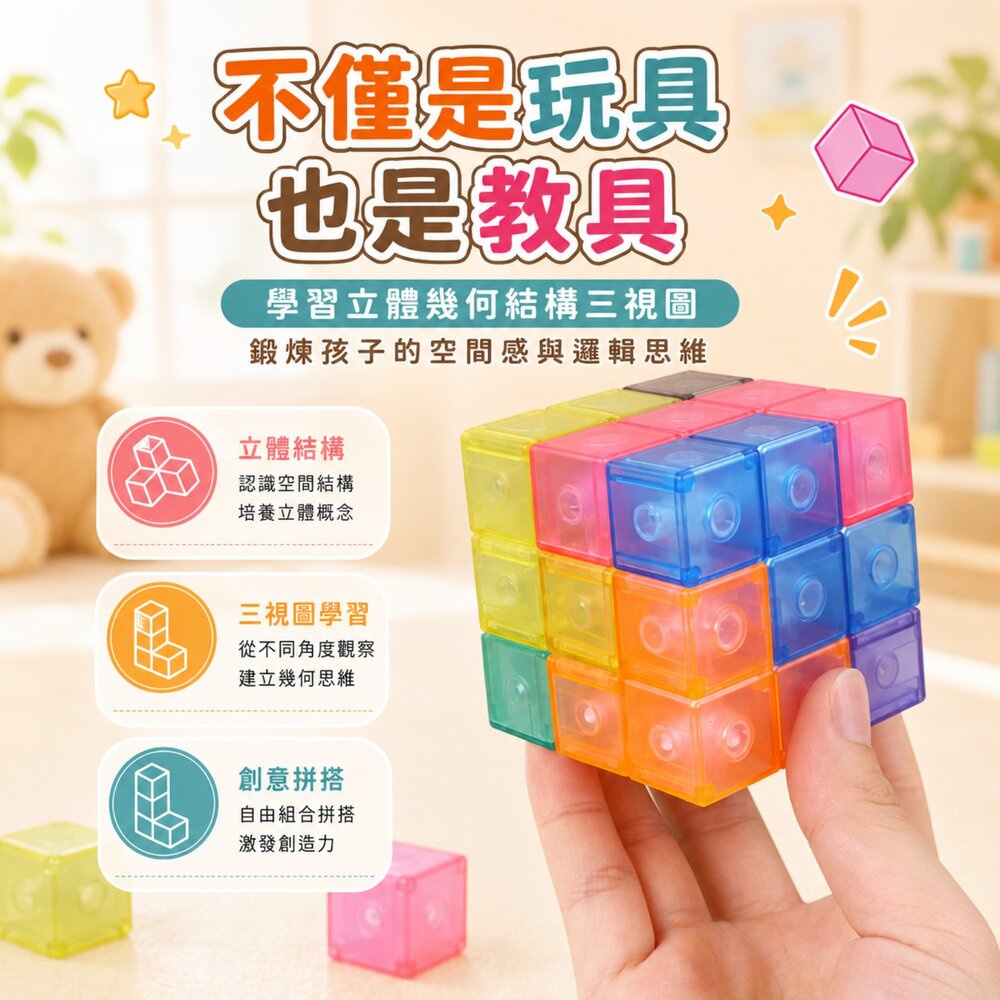 魯班磁力魔方積木 台灣現貨 透明磁吸積木 立體幾何拼圖 磁力方塊 益智教具 空間思維玩具 創意拼搭玩具 幼兒積木 3歲以-圖片-5
