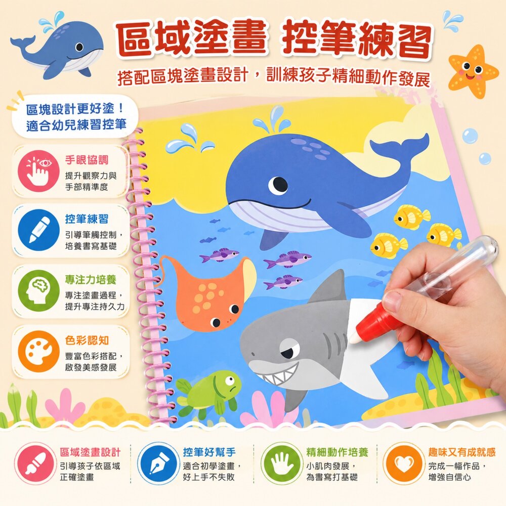FOOD超人魔法水畫筆 風車圖書 可重複水畫冊 兒童益智塗鴉本 幼兒認知學習書 附水畫筆 遇水顯色 重複使用 1歲以上-圖片-1