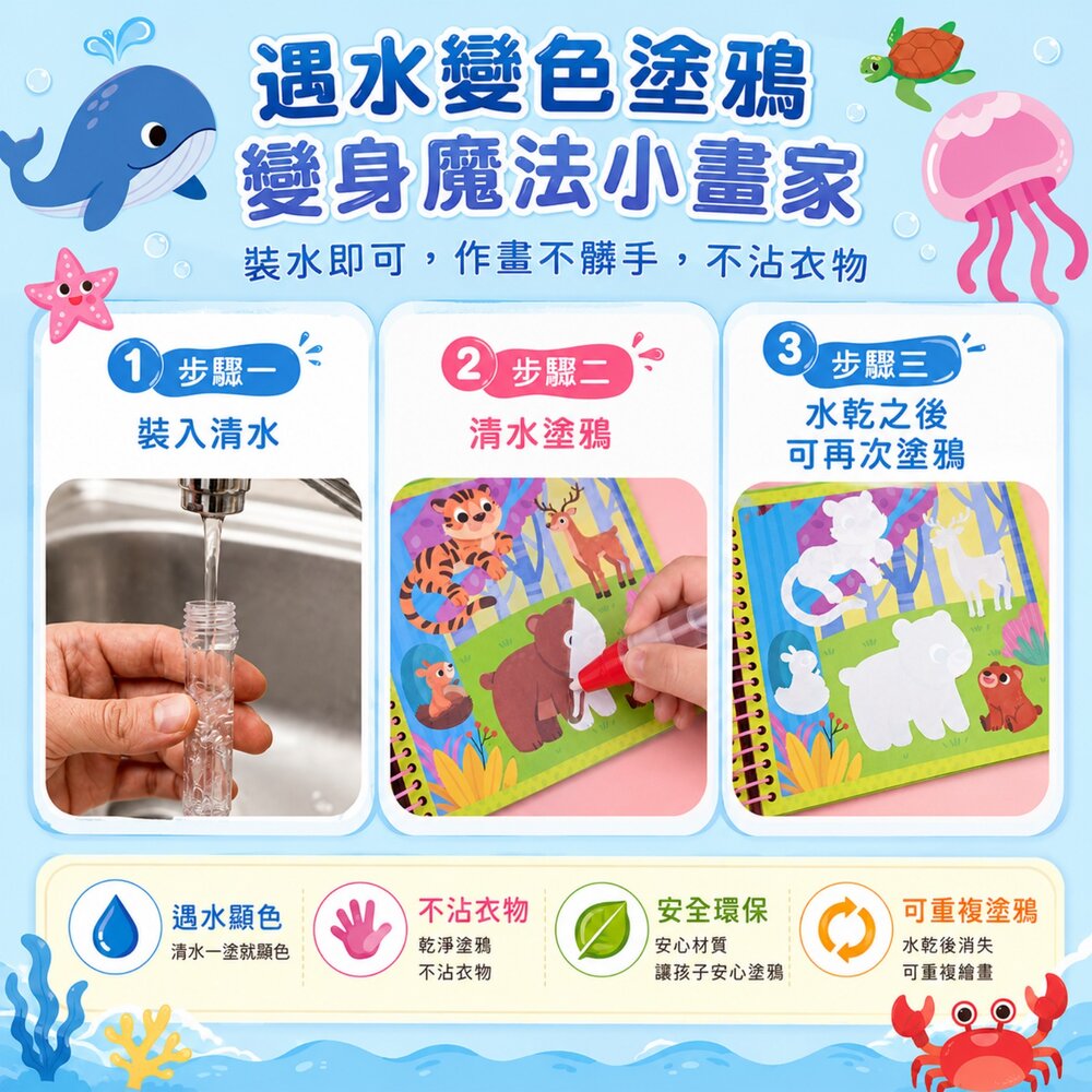 FOOD超人魔法水畫筆 風車圖書 可重複水畫冊 兒童益智塗鴉本 幼兒認知學習書 附水畫筆 遇水顯色 重複使用 1歲以上-圖片-2