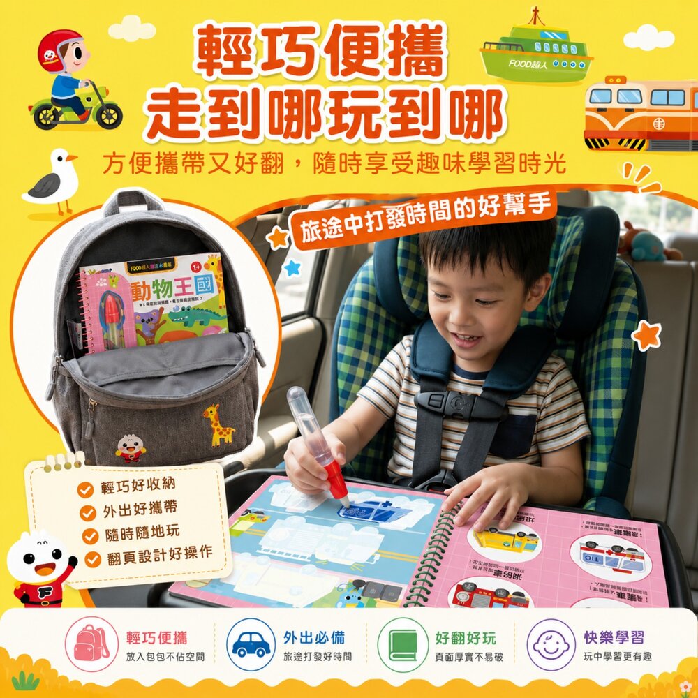 FOOD超人魔法水畫筆 風車圖書 可重複水畫冊 兒童益智塗鴉本 幼兒認知學習書 附水畫筆 遇水顯色 重複使用 1歲以上-圖片-4