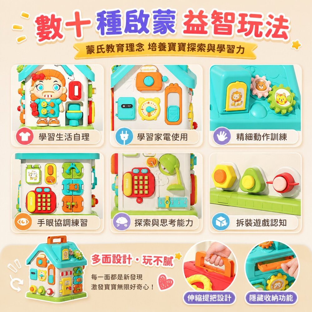 六面忙碌屋 益智忙碌屋 蒙特梭利玩具 生活自理玩具 六面體玩具 寶寶早教玩具 手眼協調 精細動作 益智玩具 幼兒玩具-圖片-1