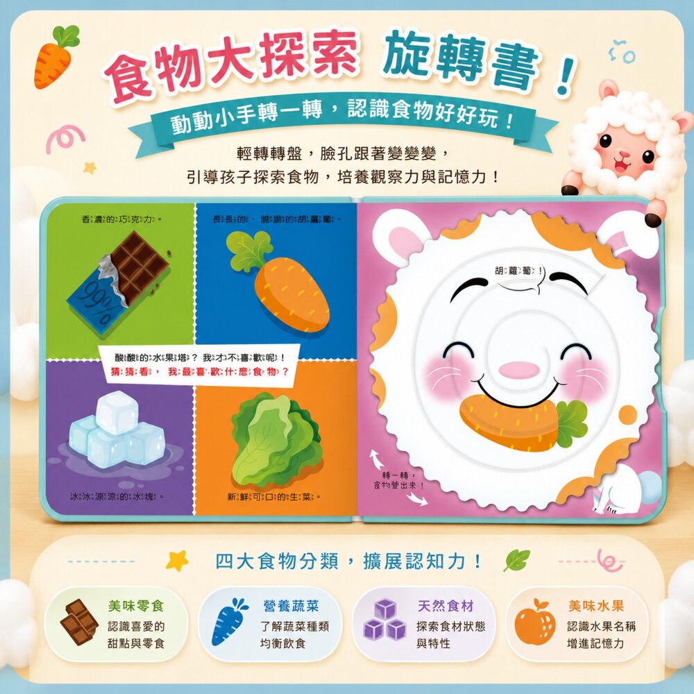 旋轉書 華碩文化幼兒操作書 互動遊戲書 3歲以上認知書 動物情緒食物生活 親子共讀 硬頁書-圖片-4