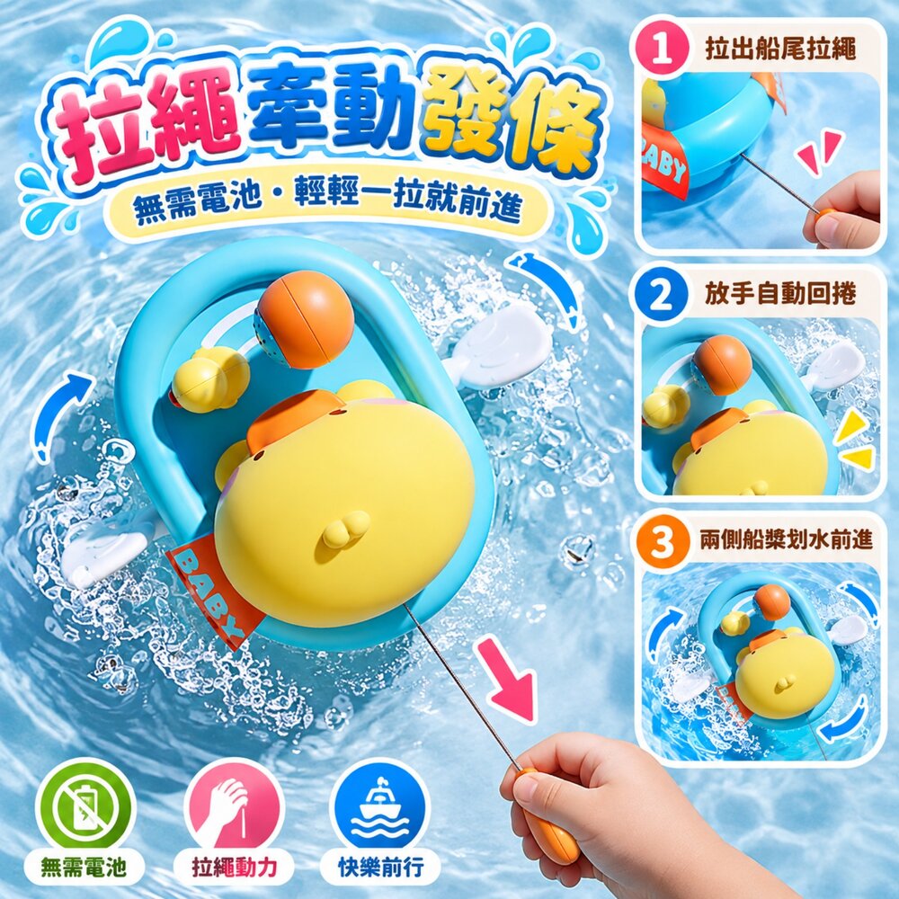 台灣現貨 寶寶洗澡玩具 拉線動力戲水船 按壓噴水 划水小船 免電池 浴室玩具 戲水玩具 玩水玩具 洗澡小鴨小兔小熊-圖片-1