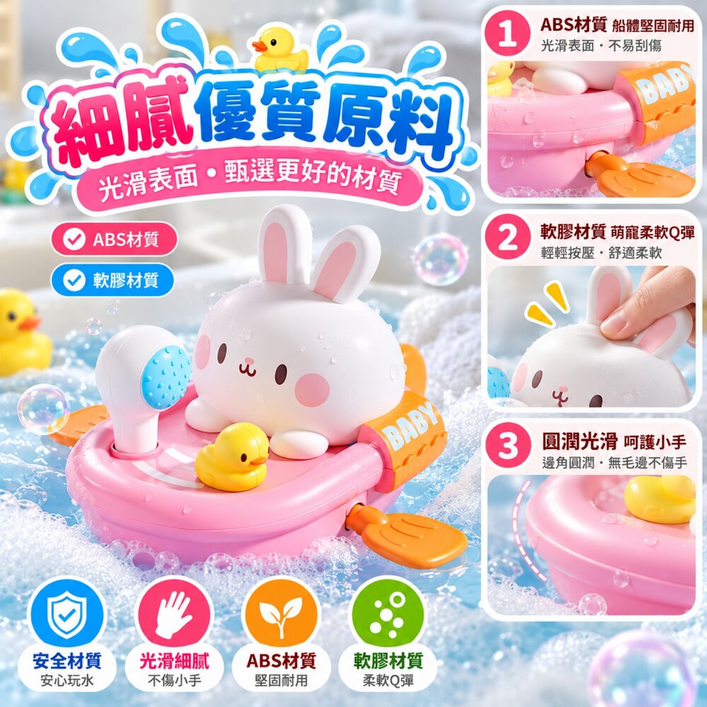 台灣現貨 寶寶洗澡玩具 拉線動力戲水船 按壓噴水 划水小船 免電池 浴室玩具 戲水玩具 玩水玩具 洗澡小鴨小兔小熊-圖片-3