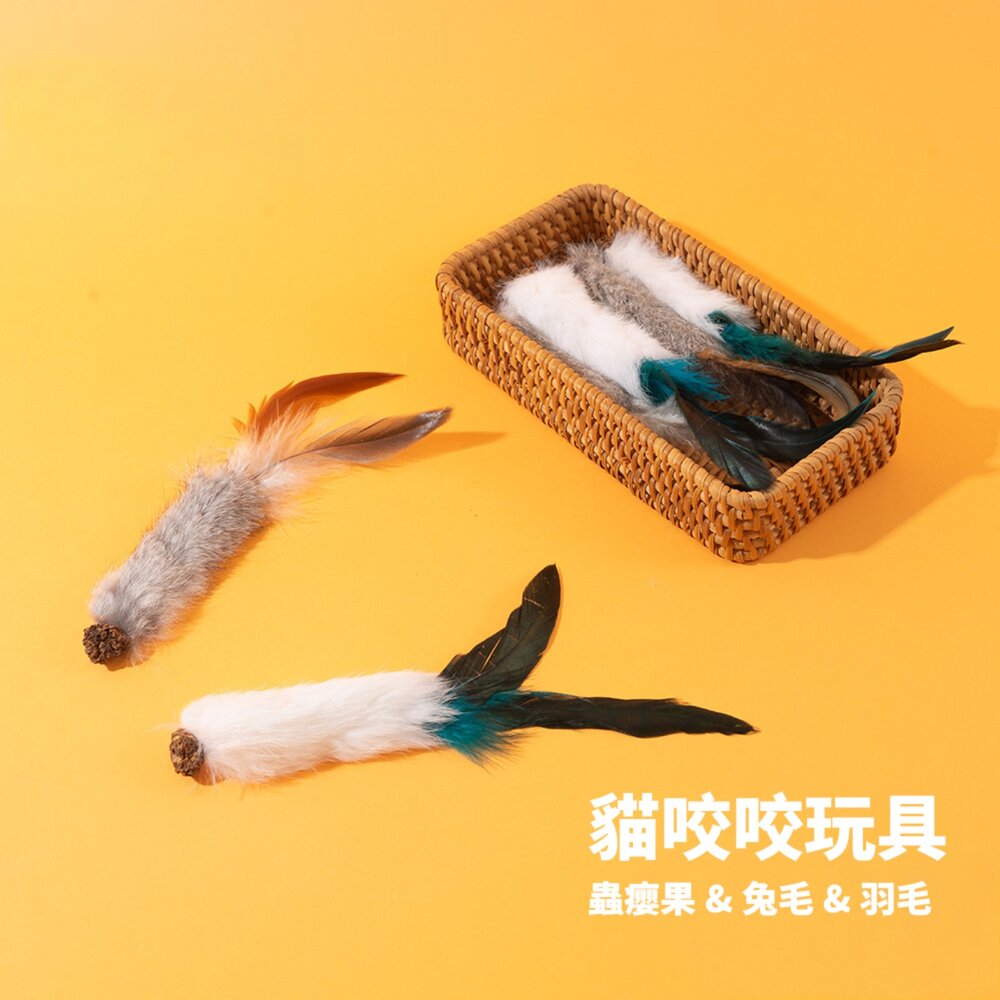 AHWOO 兔毛 蟲癭果 咬咬貓 貓玩具 天然兔毛 羽毛 磨牙 啃咬 自嗨 解悶 逗貓神器 貓咪毛掌櫃寵物店-圖片-1