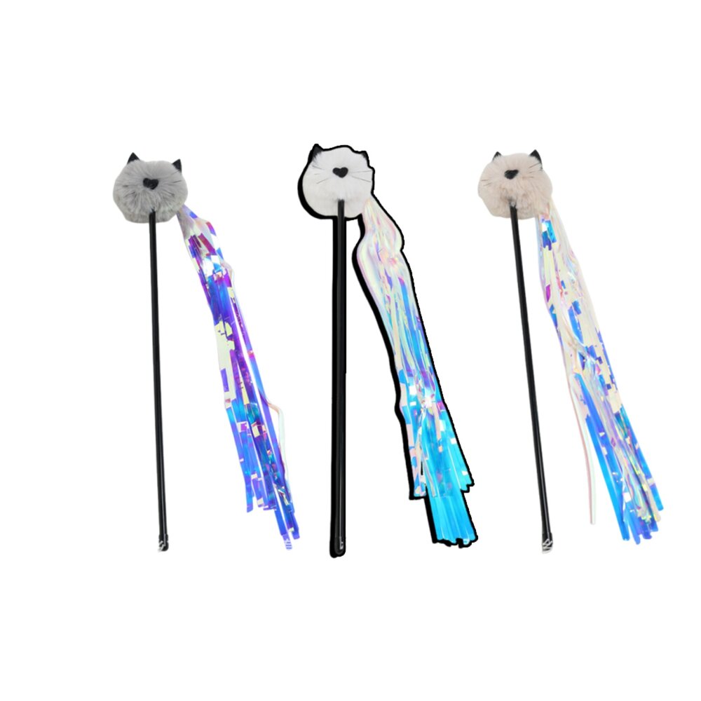  炸毛貓頭炫彩逗貓棒 可愛毛絨球逗貓棒玩具 鐳射飄帶 磨牙磨爪 可愛貓咪玩具