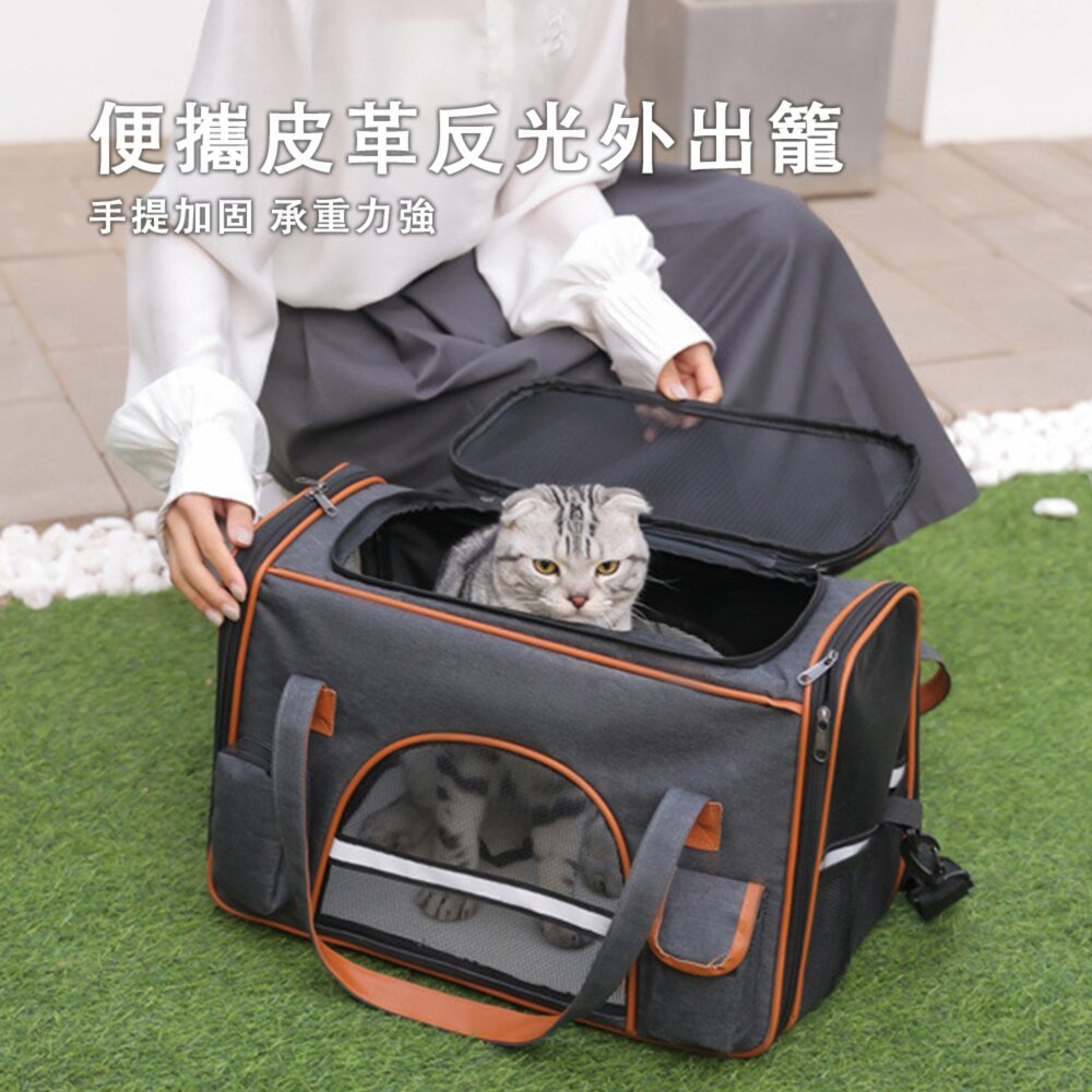 HBAG 便攜皮革反光外出籠 貓包 外出 便攜 小型 摺疊 寵物外出包 透氣 貓咪 外帶 出行 車載 手提寵物包毛掌櫃寵-圖片-1