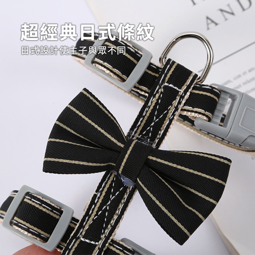 日式條紋 蝴蝶結貓胸背帶 寵物 貓咪 牽引繩 胸背帶 貓背心式套裝 日式和風貓條紋領結貓繩毛掌櫃寵物店-圖片-2