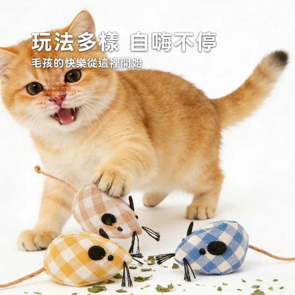 Duodoo 格子布貓玩具 貓草玩具 耐咬耐磨 糖果貓草包 小老鼠玩具 貓咪自嗨抱枕 寵物互動玩具毛掌櫃寵物店-圖片-3