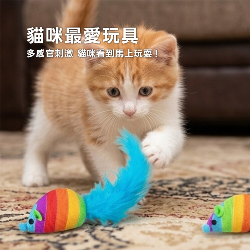 Duodoo 彩紅藍尾老鼠 貓咪羽毛玩具 彩虹老鼠貓玩具 貓咪啃咬包 貓咪自嗨解悶 貓咪磨牙玩具 貓草老鼠 寵物羽毛玩具-圖片-2