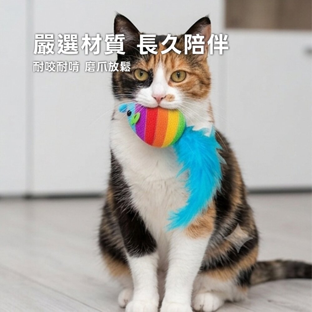 Duodoo 彩紅藍尾老鼠 貓咪羽毛玩具 彩虹老鼠貓玩具 貓咪啃咬包 貓咪自嗨解悶 貓咪磨牙玩具 貓草老鼠 寵物羽毛玩具-圖片-4