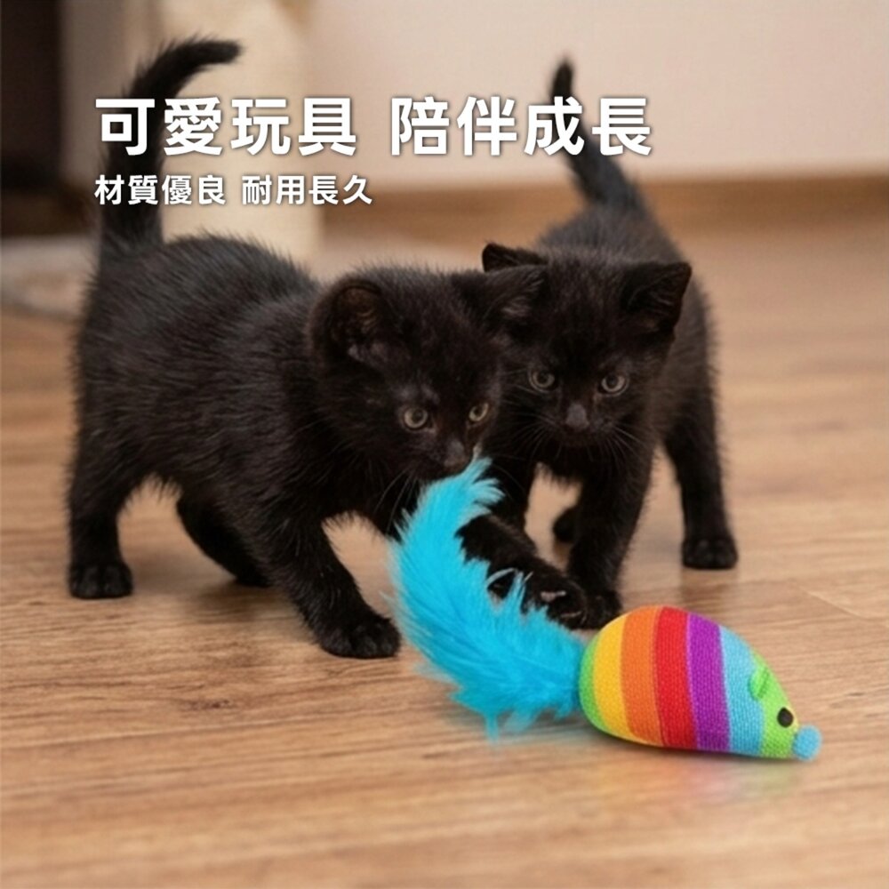 Duodoo 彩紅藍尾老鼠 貓咪羽毛玩具 彩虹老鼠貓玩具 貓咪啃咬包 貓咪自嗨解悶 貓咪磨牙玩具 貓草老鼠 寵物羽毛玩具-圖片-5