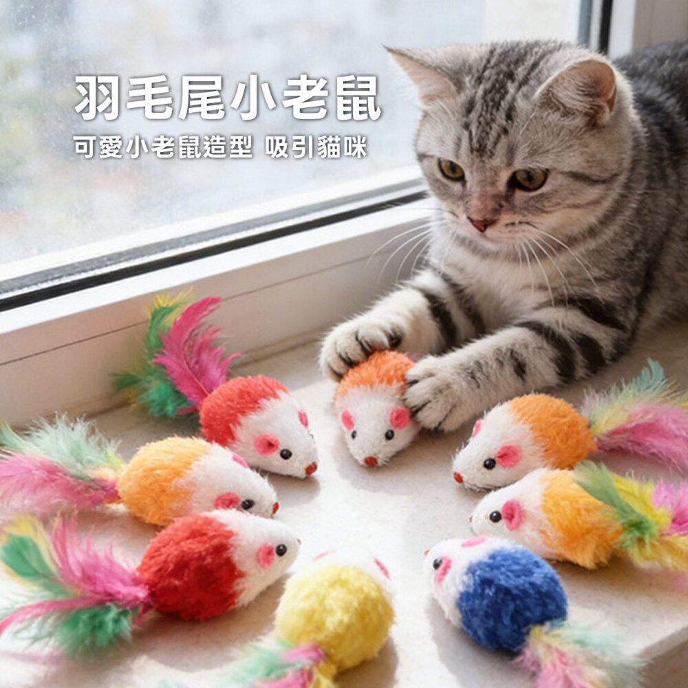 Duodoo 羽毛尾小老鼠 貓咪毛絨老鼠 羽毛老鼠貓玩具 貓咪自嗨玩具 貓咪磨牙咬咬包 寵物拋接玩具 逗貓小老鼠 貓咪解-圖片-1