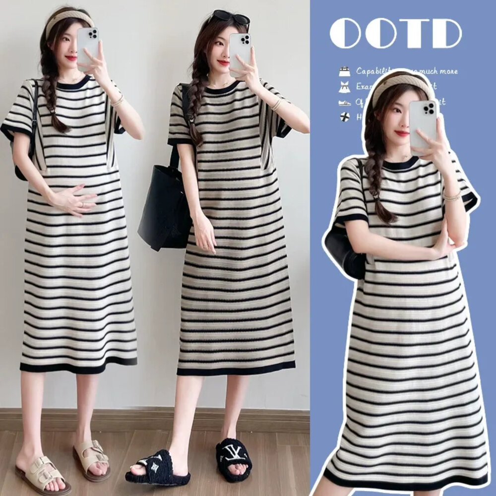  【B4027】 夏日 條紋 哺乳T恤 短袖 孕婦哺乳裙 哺乳衣 洋裝 長款 連衣裙