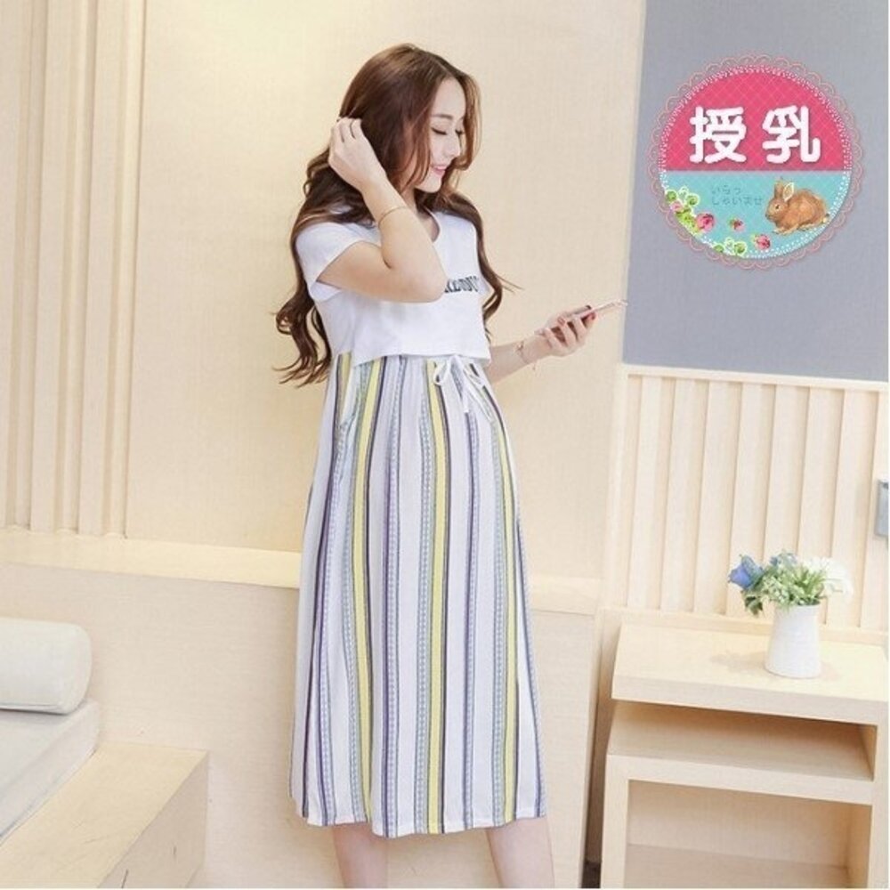 【BFC6733TH】 夏日 英文 哺乳裙 印花 條紋 短袖 孕婦長裙 哺乳 長洋裝 孕婦裝 封面照片