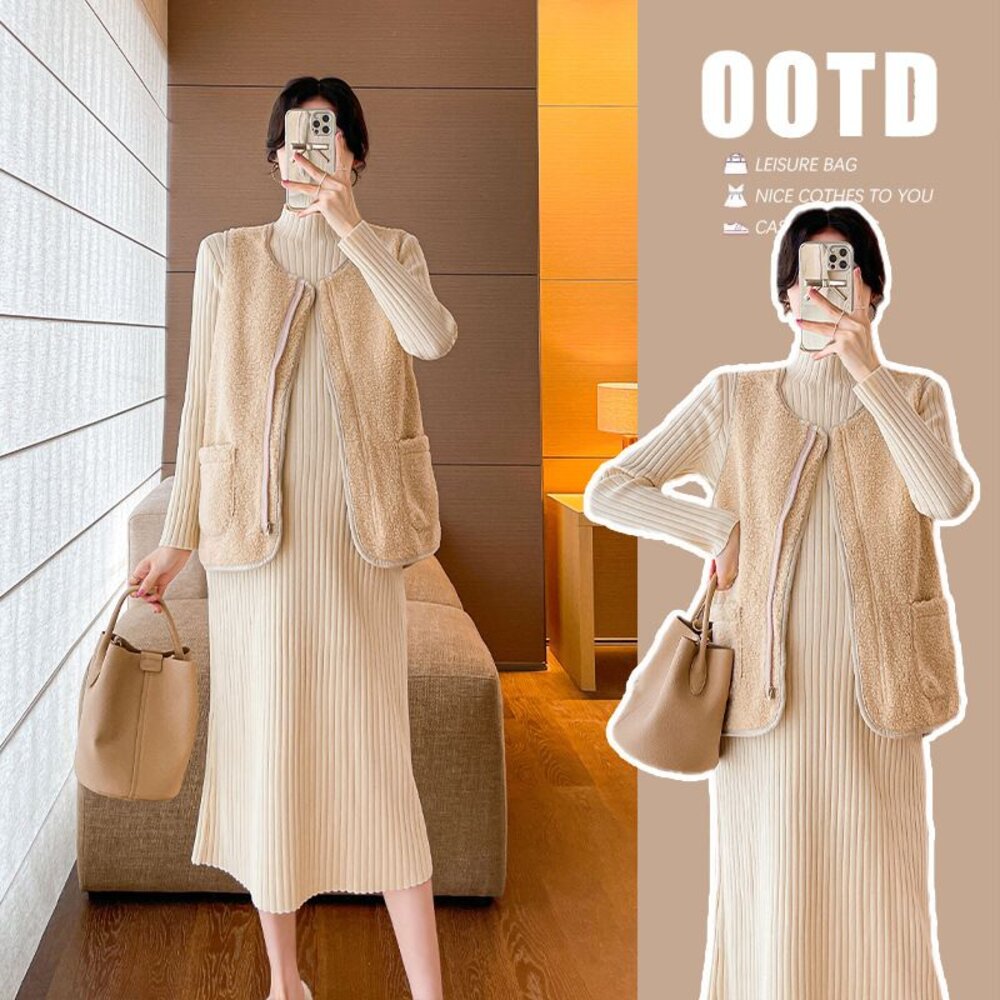 C2802-【C2802】 冬日 復古 QQ毛 仿羊羔毛 背心 保暖 無袖 馬甲 開襟  背心外套 不含洋裝