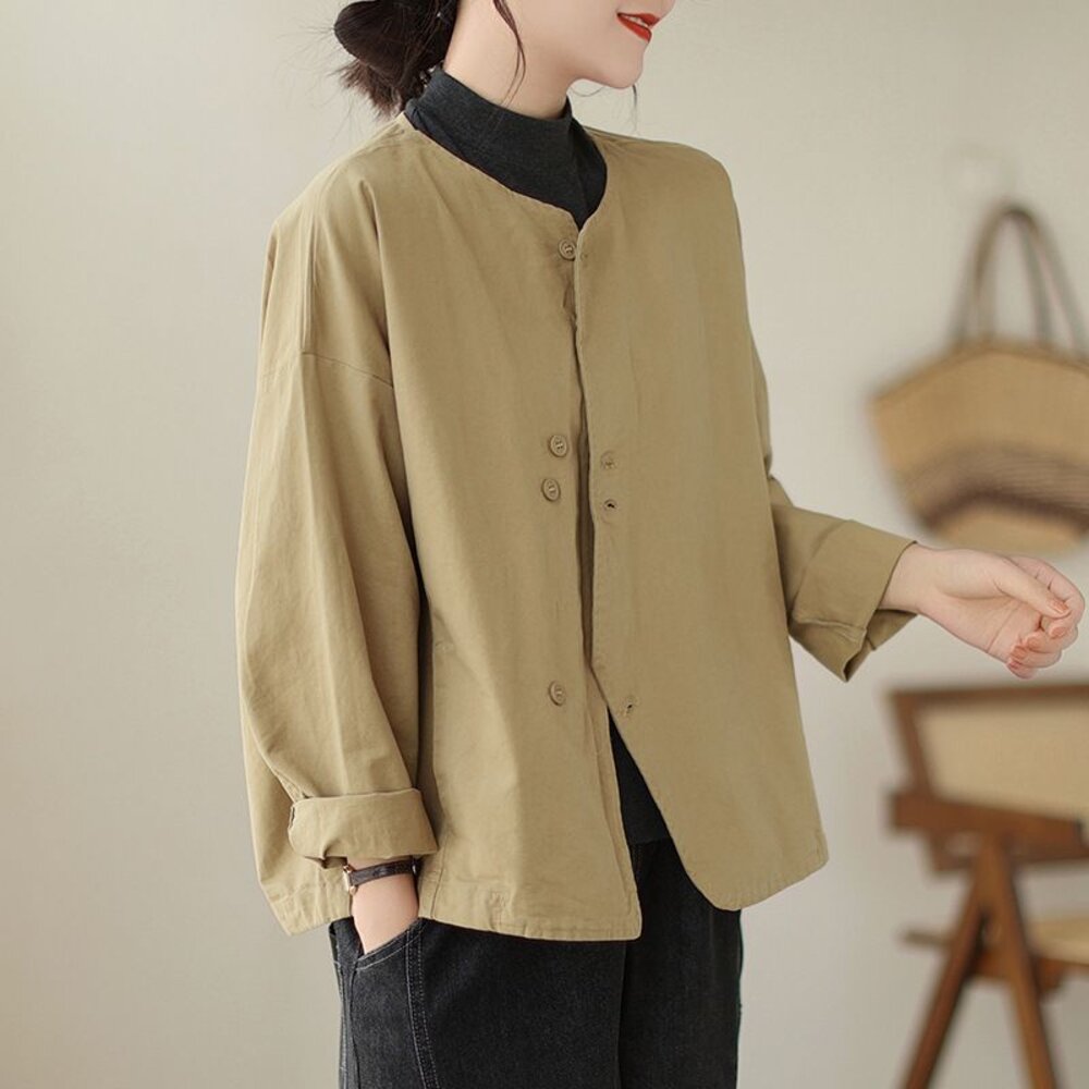 C3068-【C3068】 春秋 水洗棉 長袖 開扣 襯衫 上衣 外套 寬鬆 女 上衣 中大尺碼 文藝 實拍