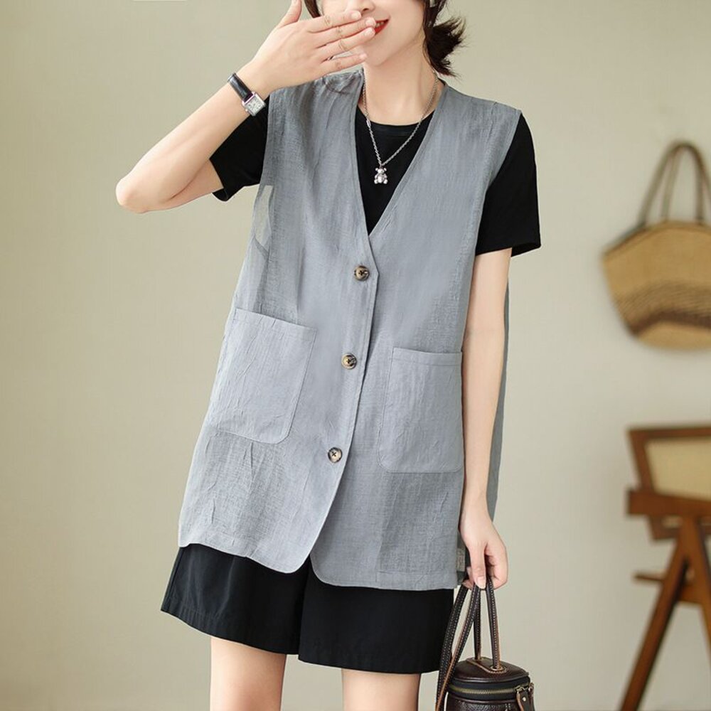 【C9336】 夏日 中大尺碼 V領 無袖 薄款 棉麻 背心 開扣 寬鬆 長款 馬甲 背心外套 實拍 文藝-圖片-1