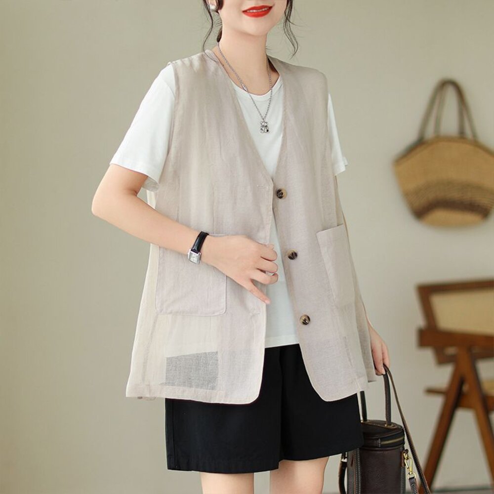 【C9336】 夏日 中大尺碼 V領 無袖 薄款 棉麻 背心 開扣 寬鬆 長款 馬甲 背心外套 實拍 文藝-圖片-2