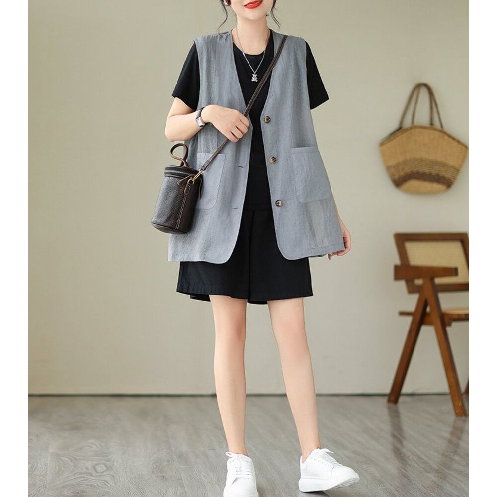 【C9336】 夏日 中大尺碼 V領 無袖 薄款 棉麻 背心 開扣 寬鬆 長款 馬甲 背心外套 實拍 文藝-圖片-3