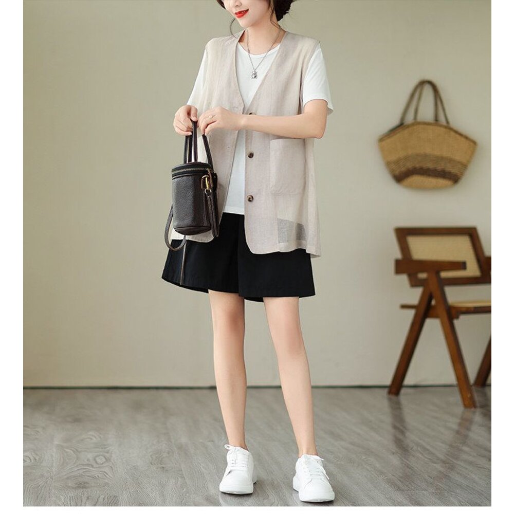 【C9336】 夏日 中大尺碼 V領 無袖 薄款 棉麻 背心 開扣 寬鬆 長款 馬甲 背心外套 實拍 文藝-圖片-5