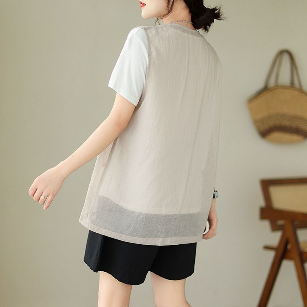 【C9336】 夏日 中大尺碼 V領 無袖 薄款 棉麻 背心 開扣 寬鬆 長款 馬甲 背心外套 實拍 文藝-圖片-6