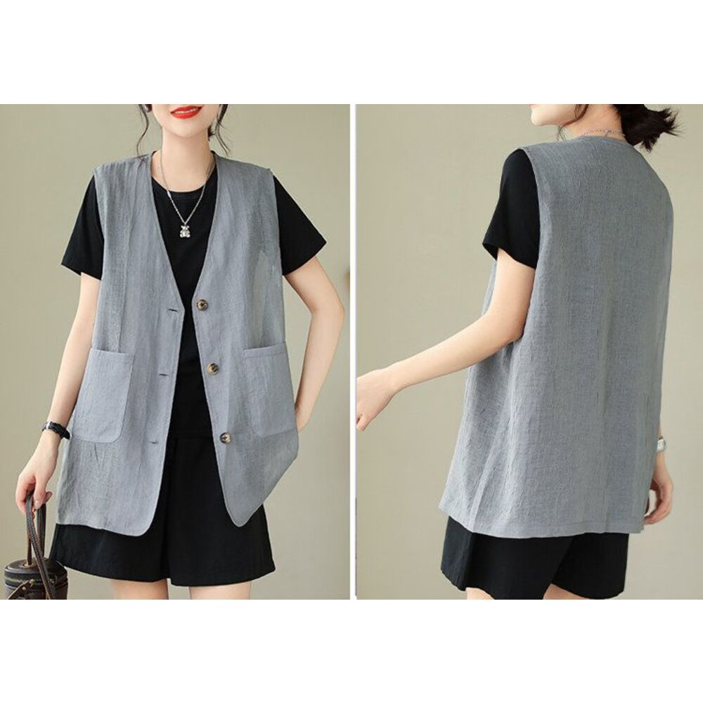 【C9336】 夏日 中大尺碼 V領 無袖 薄款 棉麻 背心 開扣 寬鬆 長款 馬甲 背心外套 實拍 文藝-圖片-7