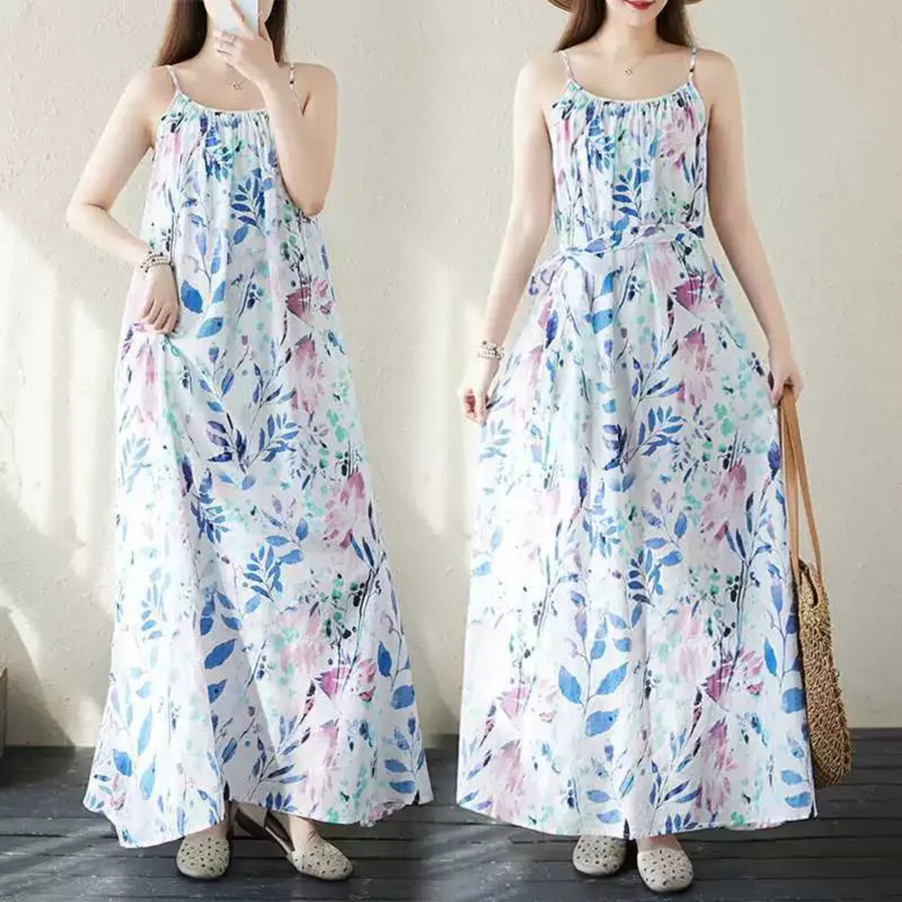  【D0199】 夏日 波西米亞 海邊 度假風 旅行 印花 沙灘裙 洋裝 棉麻 連身裙 無袖 露肩 花朵 吊帶裙 實拍