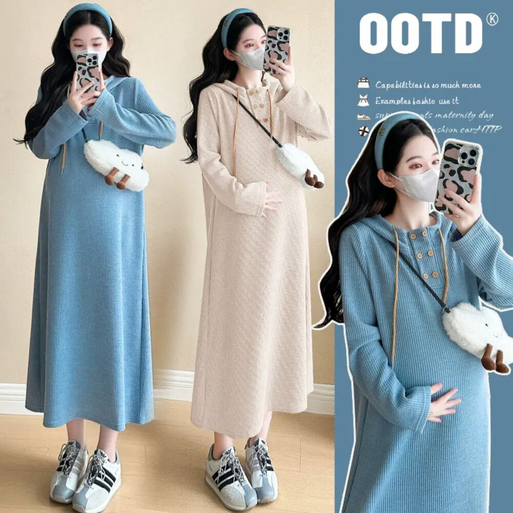 D0238-【D0238】 秋冬 針織 毛衣 加厚 保暖 連衣裙 洋裝 長袖 孕婦裝 長裙 實拍 連身長裙