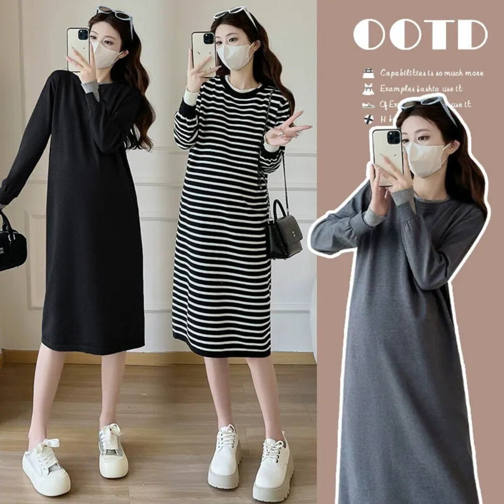  【D0537】 冬日 韓系 條紋  純色 針織 洋裝 長袖 針織毛衣 孕婦裝 長裙洋裝 實拍