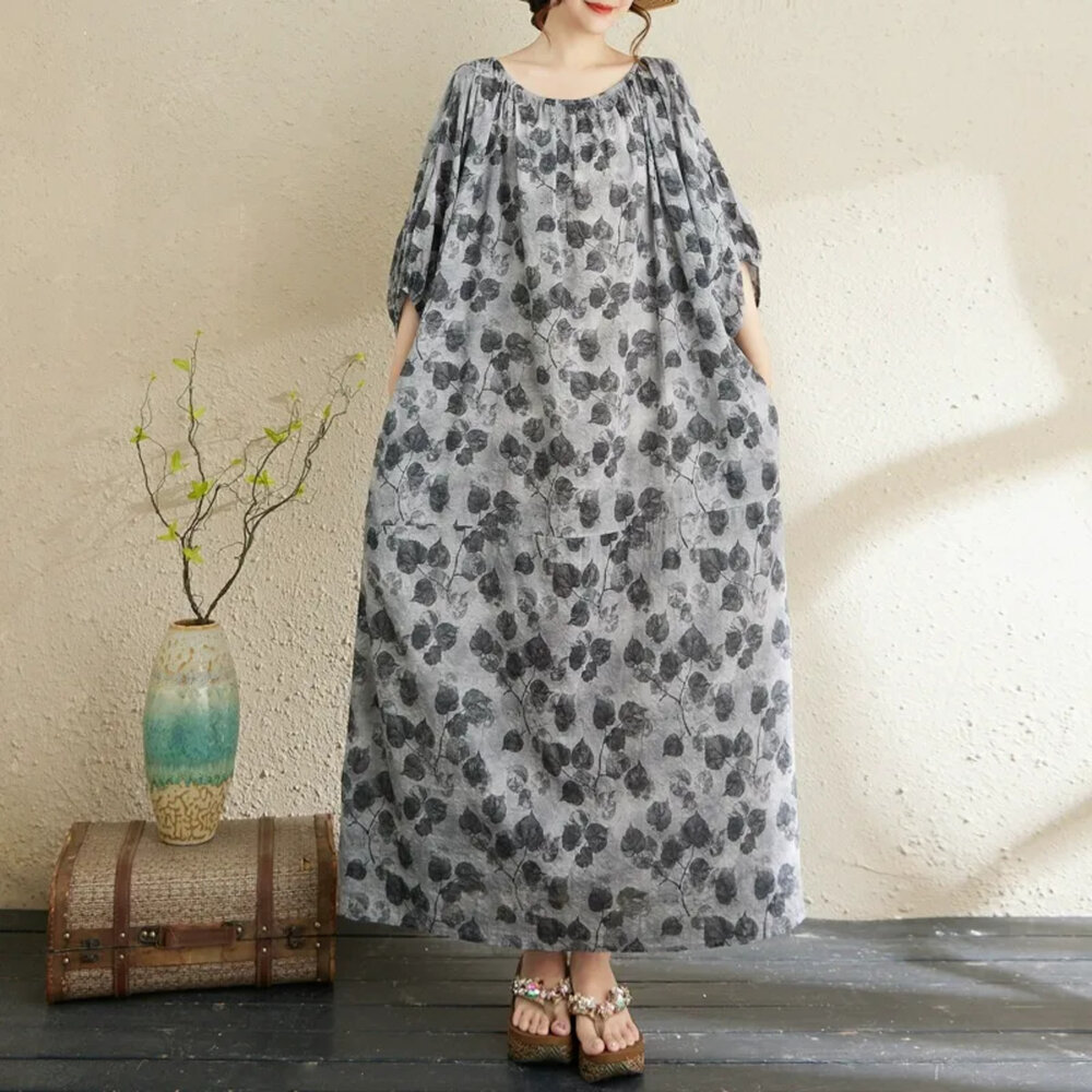 D1042-【D1042】夏日 棉麻 印花 寬鬆 度假風 洋裝 連身裙 燈籠袖 實拍 文藝 長裙 加大尺碼