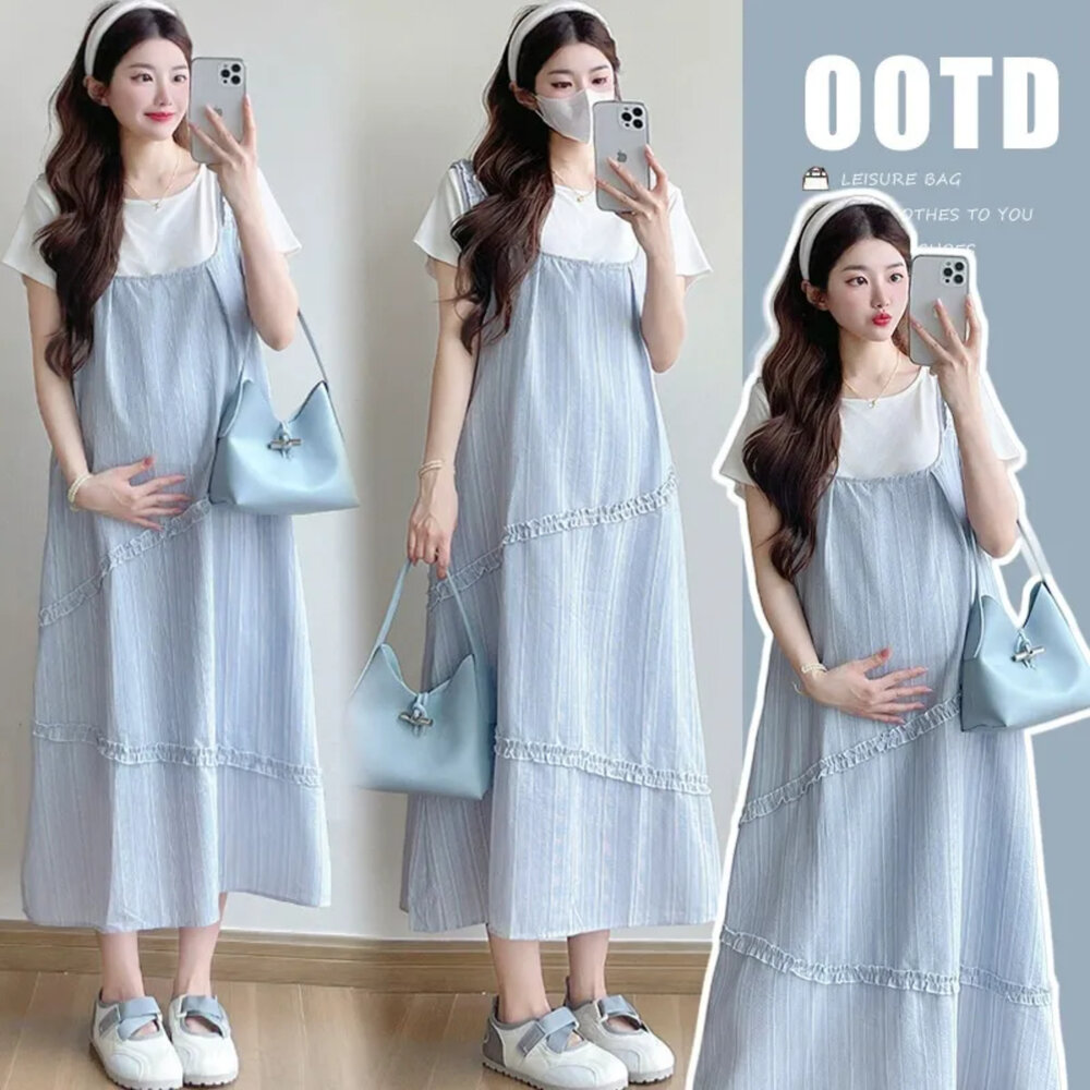 D1080-【D1080】 夏日 清新 背心長裙 無袖 吊帶裙 孕婦裝 背心裙 背心洋裝 長裙 不含上衣