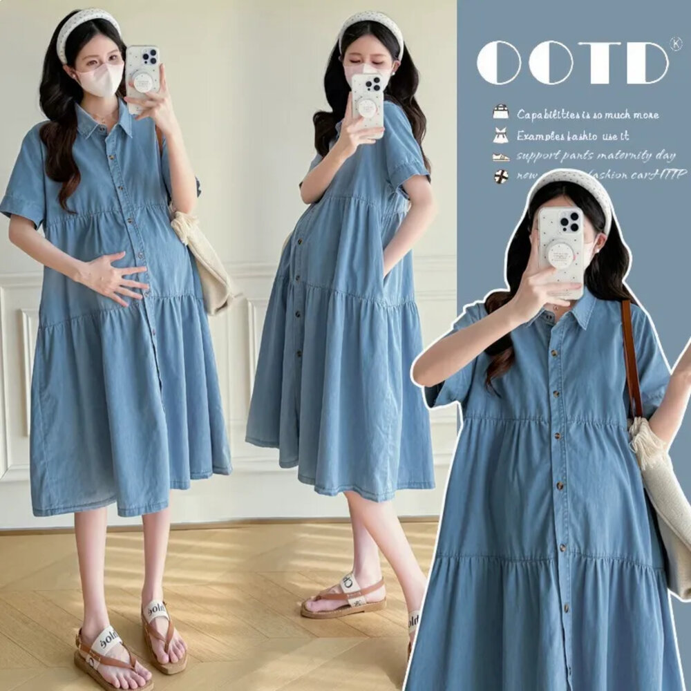 D1228-【D1228】 夏日 短袖 翻領  寬鬆 牛仔連衣裙 韓系 實拍 短袖洋裝 翻領 休閒 短袖 孕婦裙 孕婦裝 娃娃裝