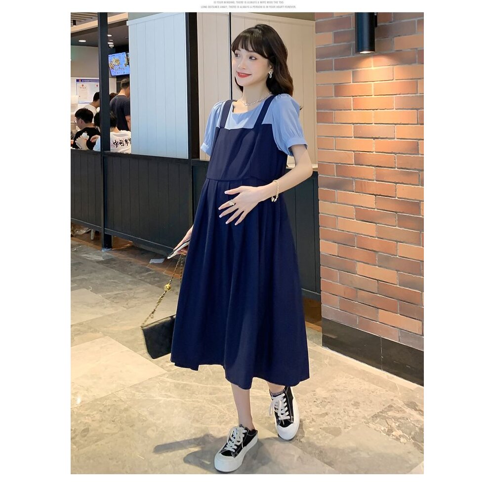 【D1320】 夏日 假兩件 拼接 吊帶裙造型 A字裙 中長款 洋裝 短袖 孕婦裝 洋裝 實拍-圖片-2