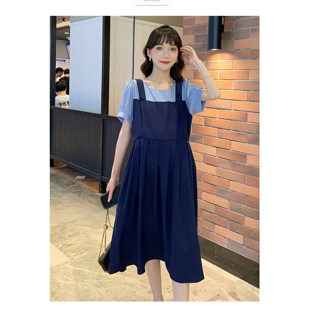 【D1320】 夏日 假兩件 拼接 吊帶裙造型 A字裙 中長款 洋裝 短袖 孕婦裝 洋裝 實拍-圖片-3