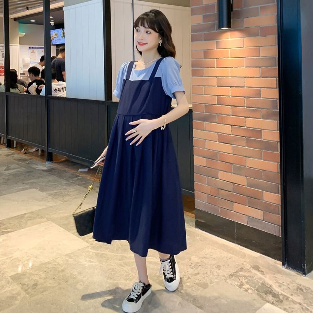 【D1320】 夏日 假兩件 拼接 吊帶裙造型 A字裙 中長款 洋裝 短袖 孕婦裝 洋裝 實拍-圖片-4