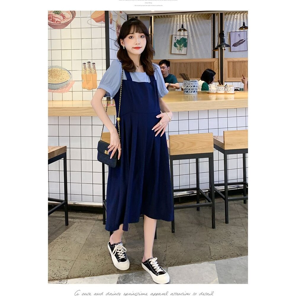 【D1320】 夏日 假兩件 拼接 吊帶裙造型 A字裙 中長款 洋裝 短袖 孕婦裝 洋裝 實拍-圖片-5