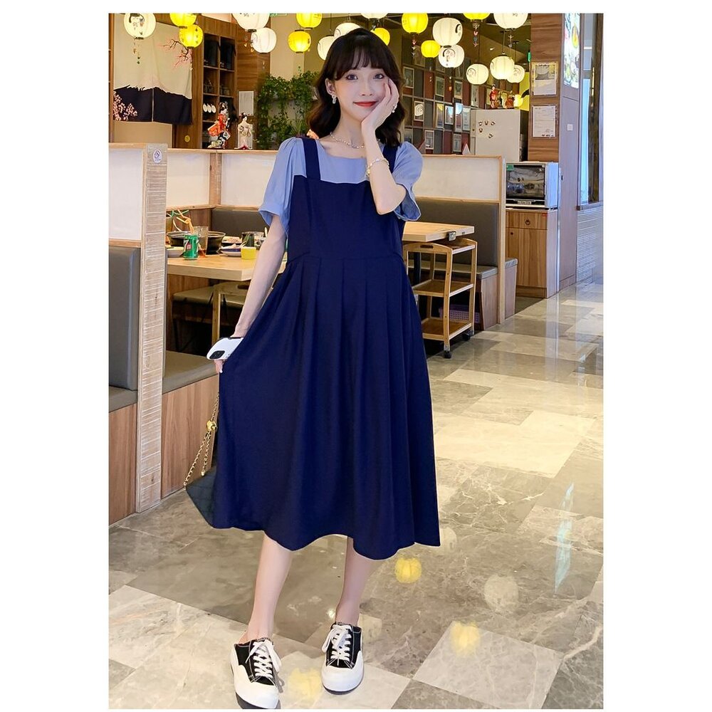 【D1320】 夏日 假兩件 拼接 吊帶裙造型 A字裙 中長款 洋裝 短袖 孕婦裝 洋裝 實拍-圖片-6
