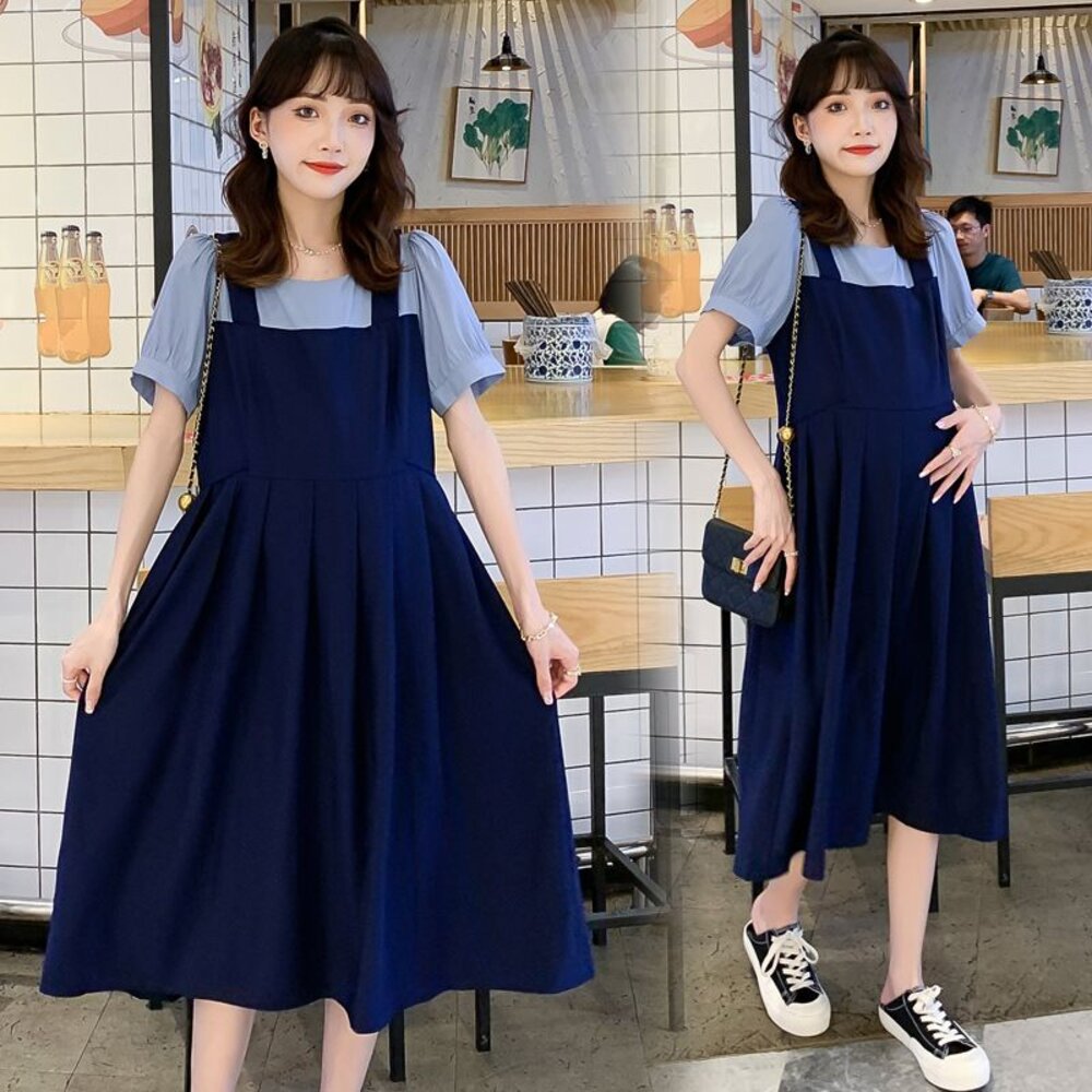 【D1320】 夏日 假兩件 拼接 吊帶裙造型 A字裙 中長款 洋裝 短袖 孕婦裝 洋裝 實拍 封面照片