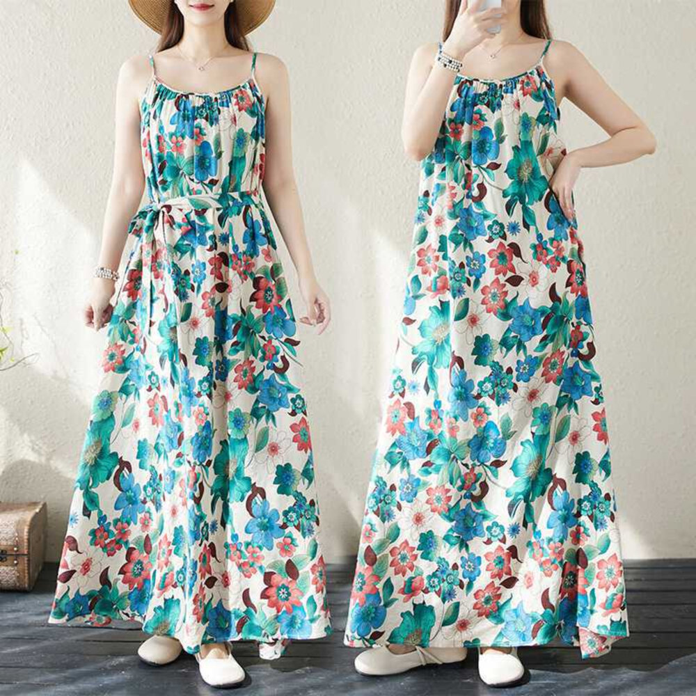 D1341-【D1341】 夏日 波西米亞 海邊 度假風 旅行 印花 沙灘裙 洋裝 棉麻 連身裙 無袖 露肩 花朵 吊帶裙 實拍 文